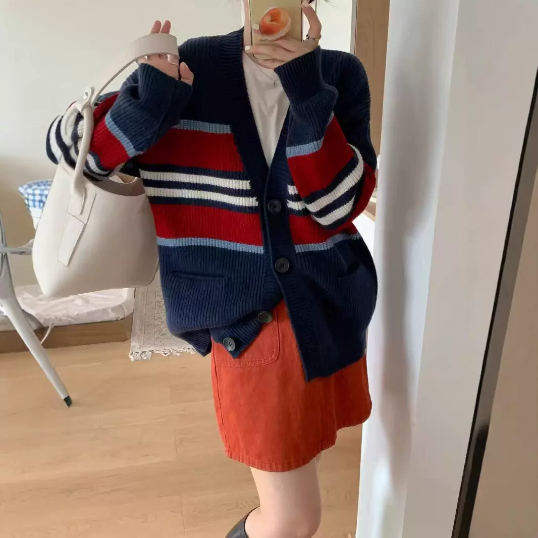 大码女装 亚马逊跨境新款宽松针织毛衣 休闲慵懒风拼色条纹女开衫