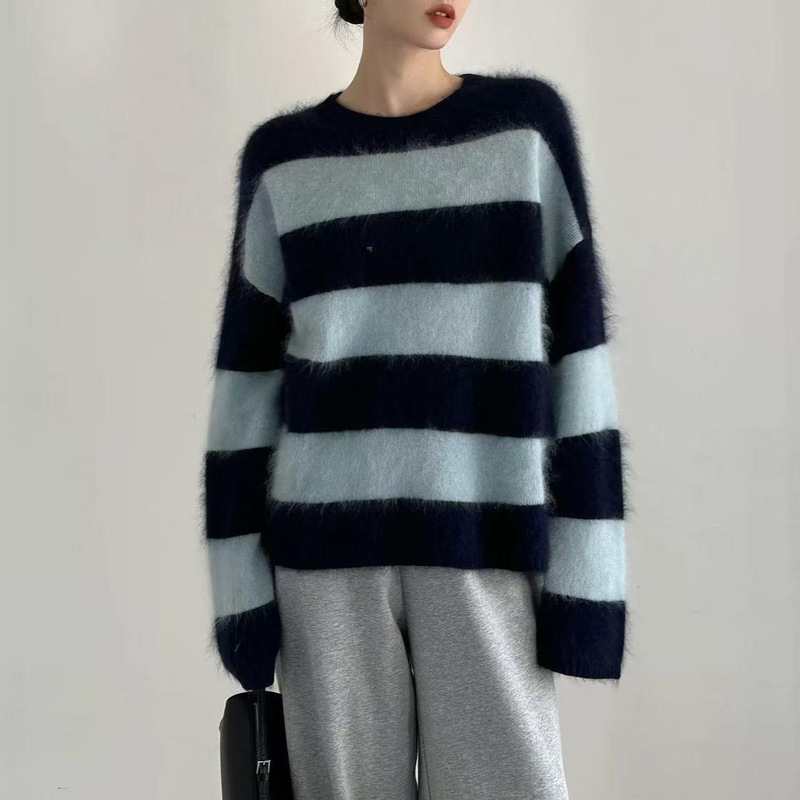 Celebrity Style~6 Cashmere 94 Wool Fluffy Brushed Knitwear Autumn and Winter Women's Cloud Loose Stripesd Knitwear