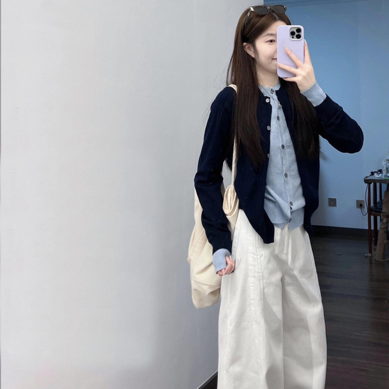 韩系撞色假两件针织开衫女早秋设计感毛衣外套秋冬时尚高级感上衣|undefined
