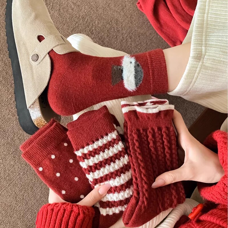 Year of the Snake, Zodiac Year, Festive Trendy Red Socks, Autumn and Winter Warm Wool Socks, Flocked Puppy Twist Polka Dot Pile Socks