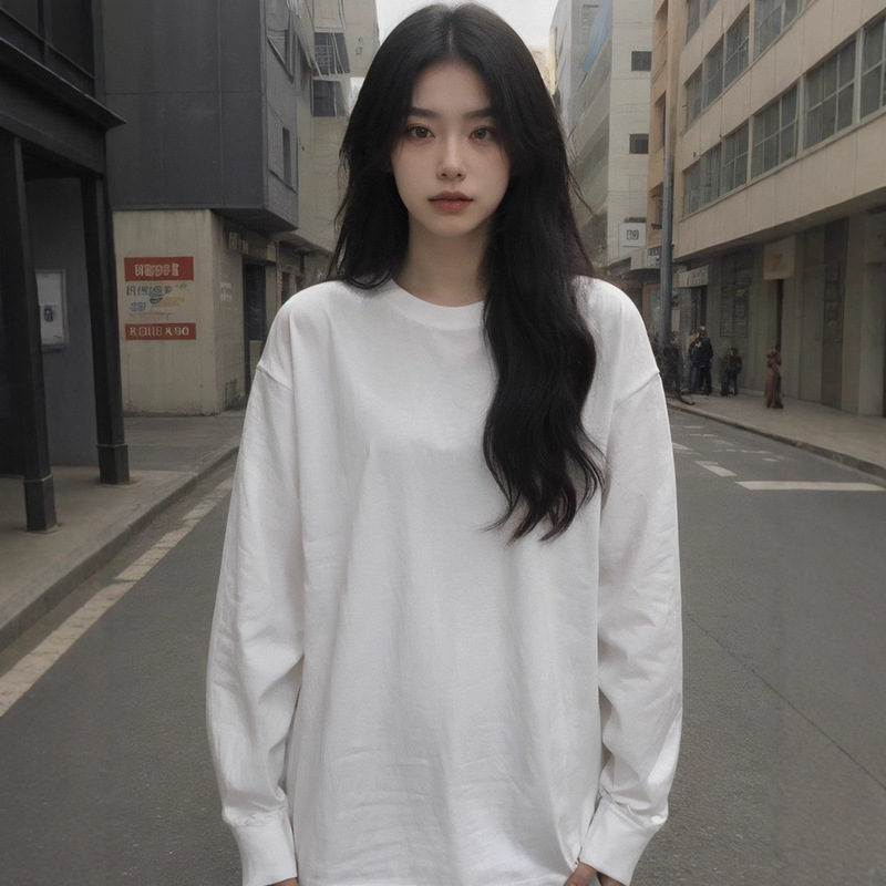 重磅圆领纯色纯棉长袖t恤女 通勤白色打底衫宽松早秋日系百搭上衣|undefined