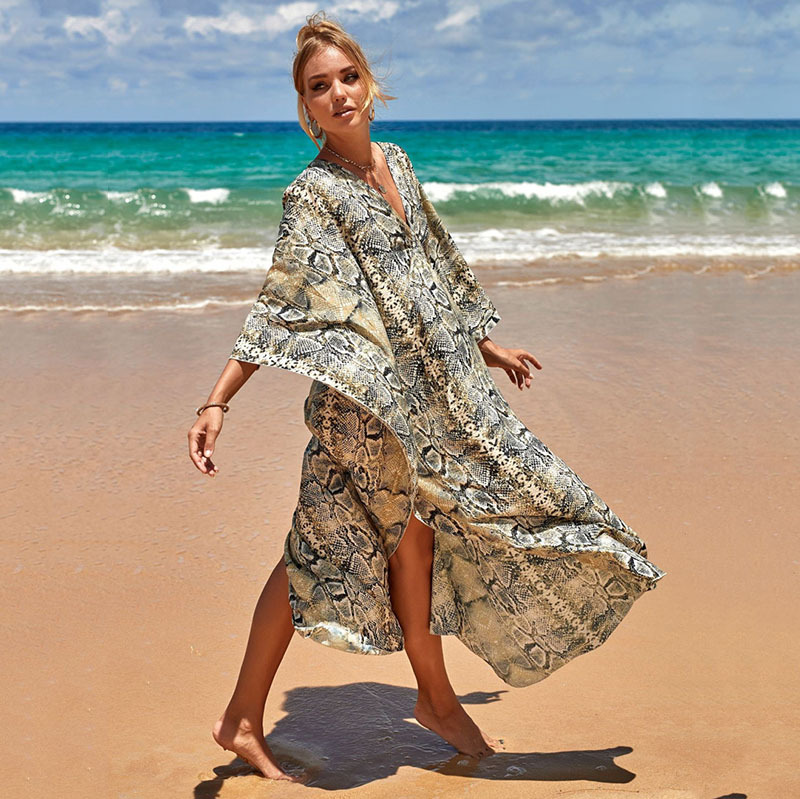 224g Weight Sunscreen Shirt Outerwear Type 3/4 Length Sleeve Sleeve Length Polyester Fabric Type Long Top Length V Neck Neckline Printing, Leopard Pattern Spring&Summer Season Women's Gender Vacation, Beach Style Women's Printing Leopard Vacation Beach Cover Ups 52