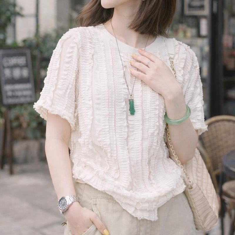 Fashionable and trendy ruffled lace patchwork short-sleeve T-shirt for women, 2026 summer new Korean style stylish top, lightweight Fashionable and trendy ruffled lace patchwork short-sleeve T-shirt for women, 2026 summer new Korean style stylish top, lightweight