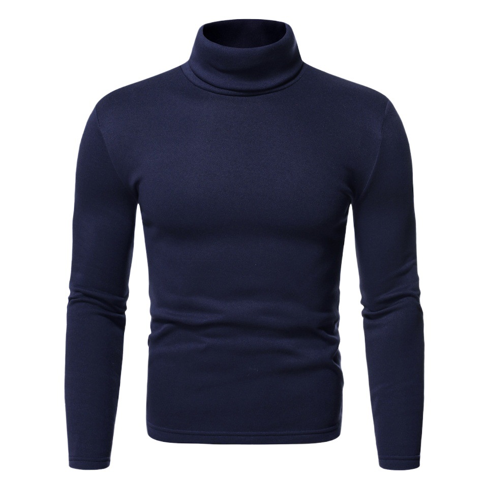 Cross-Border 2023 Autumn and Winter New Men's Turtleneck Long-Sleeved T-Shirt Ebay European Size Fleece-Lined Pure Color Bottoming Shirt for Men 7 Colors