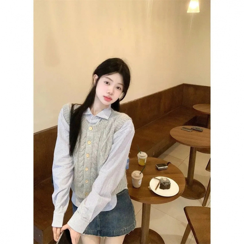 Korean Style Gentle Style Wear with Stacked Twist Knitted Vest with College Style Striped POLO Collar Shirt Two-Piece Set