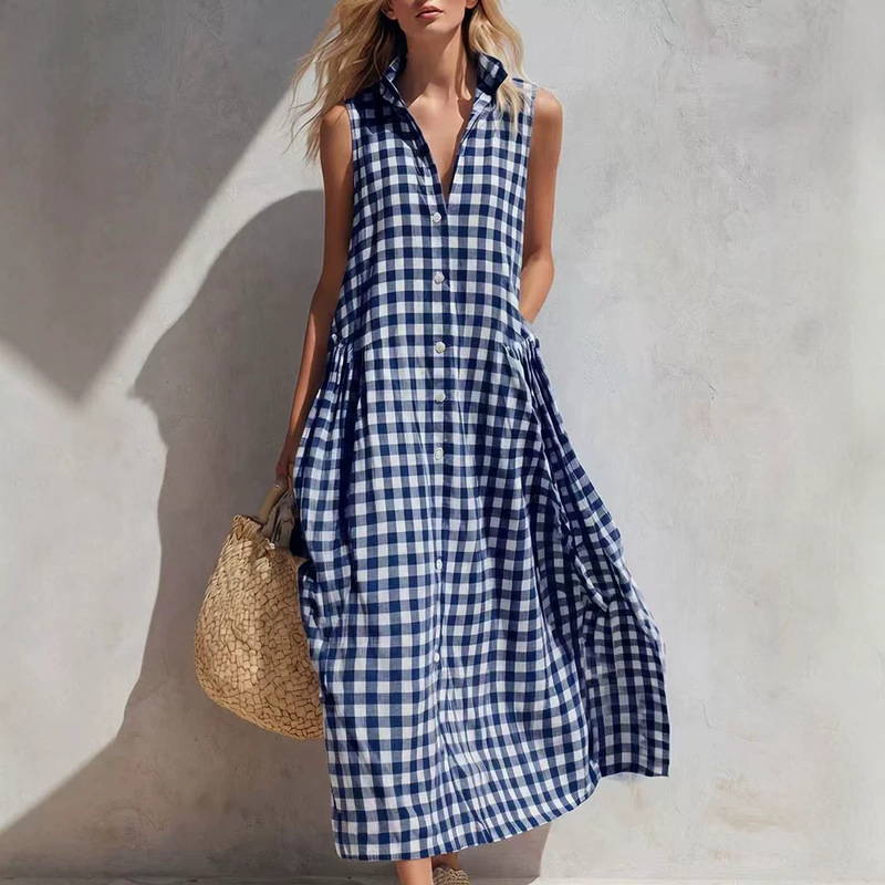 2026 European and American Cross-Border Amazon Independent Site Summer New Dress Loose and Comfortable Sleeveless Plaid Women's Clothing