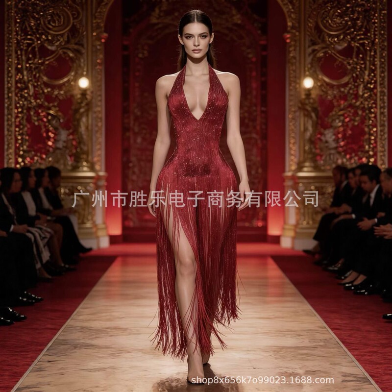 2026 European and American Cross-Border Sequin Tassel V-Neck Long Dress Evening Gown Party Ball Performance Dress Slim Fit 2026 European and American Cross-Border Sequin Tassel V-Neck Long Dress Evening Gown Party Ball Performance Dress Slim Fit