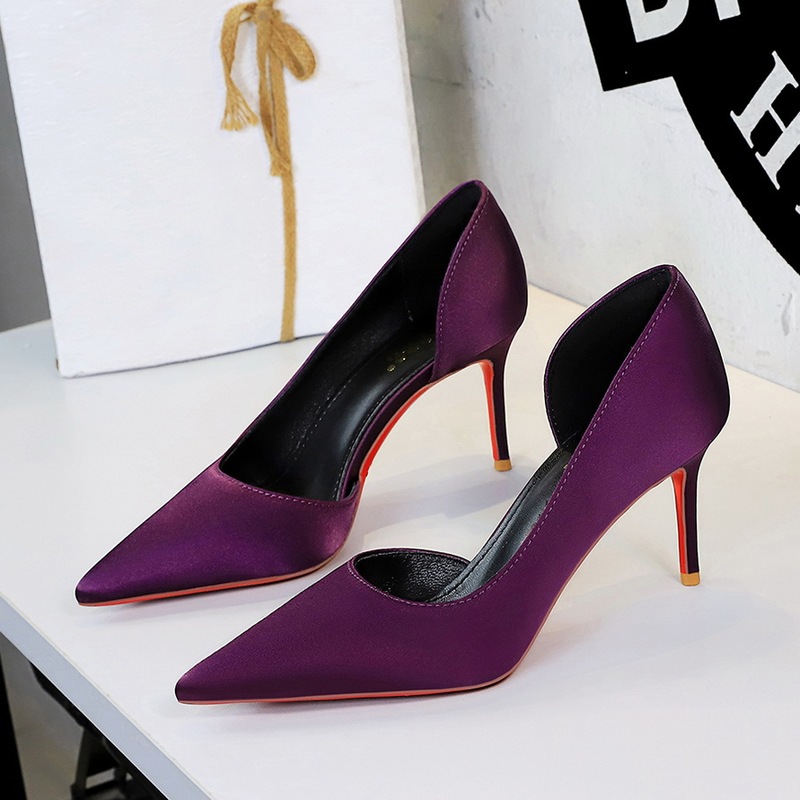 9267-A European and American Banquet Side Cut Out Fashion High Heels Women's Pointed Toe Shallow Mouth Silks and Satins Slip-On Stiletto Shoes for Women