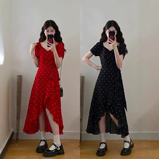2025大码女装黑色红色波点花裙肌理感不规则裙摆A字裙短袖连衣裙