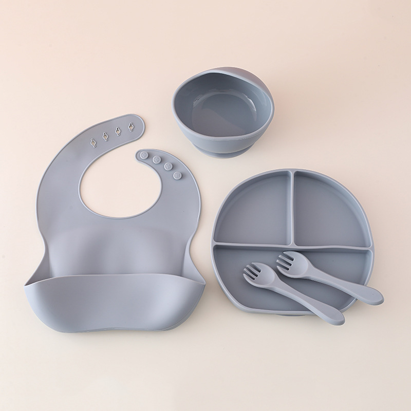 Juego de vajilla de silicona para bebés, vajilla de alimentación para bebés recién nacidos, plato de comedor de rejilla dividida de silicona, babero de tazón de alimentos al por mayor