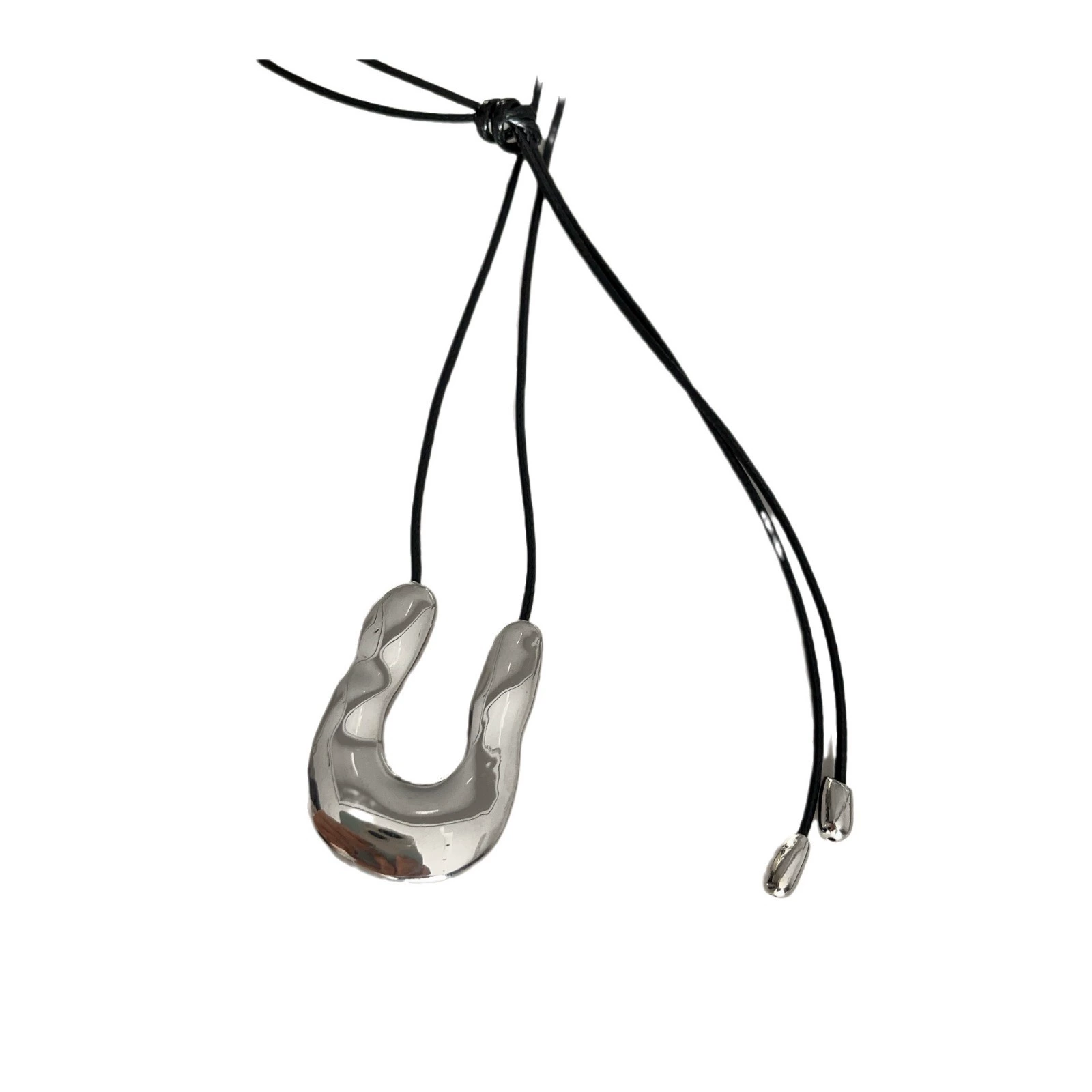 Pendant Necklace, Stainless Steel & Leather Rope, Burgundy/Black/Silver, 7 cm Pendant