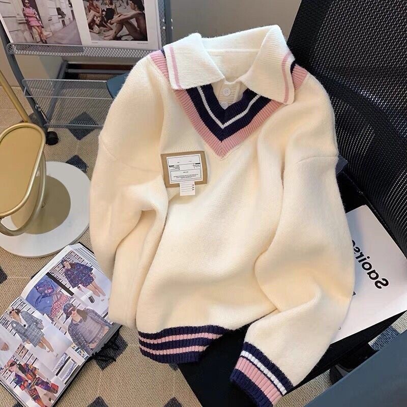 Japanese-style faux two-piece polo sweater for women, autumn and winter, loose and casual, retro design, niche, soft and thick coat