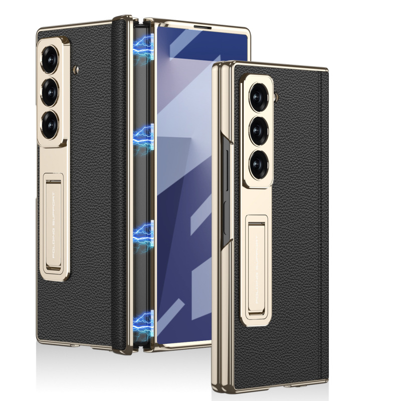 Samsung Z Fold7 携帯電話ケース、電気メッキブラケット、プレーンレザー磁気ヒンジ、ビジネス落下防止保護カバー、クロスボーダーに適しています。|undefined