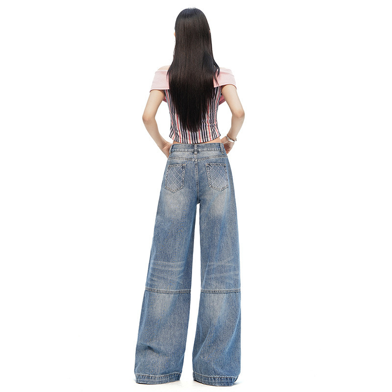 New Style 2026 Personalized Blue-Toned Split-Line Back Pocket Embroidered Jeans Retro Design Wide-Leg Pants Long Pants Cotton New Style 2026 Personalized Blue-Toned Split-Line Back Pocket Embroidered Jeans Retro Design Wide-Leg Pants Long Pants Cotton