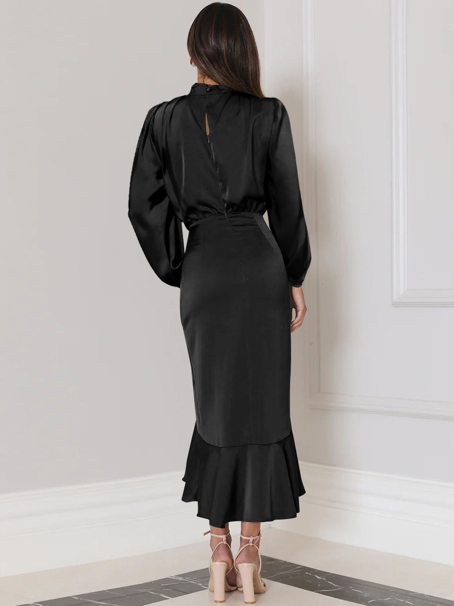 Party Dress Elegant Standing Collar Long Sleeve Solid Color Midi Dress Wedding display picture 9
