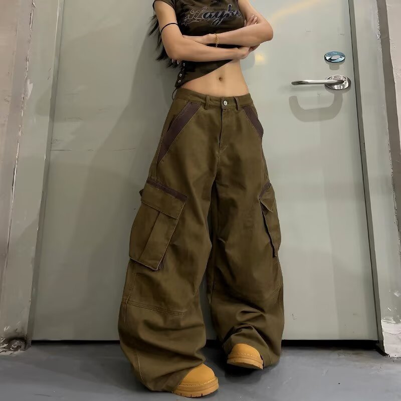 秋季美式解构拼接多口袋工装裤男女街头宽松阔腿弯刀休闲长裤子
