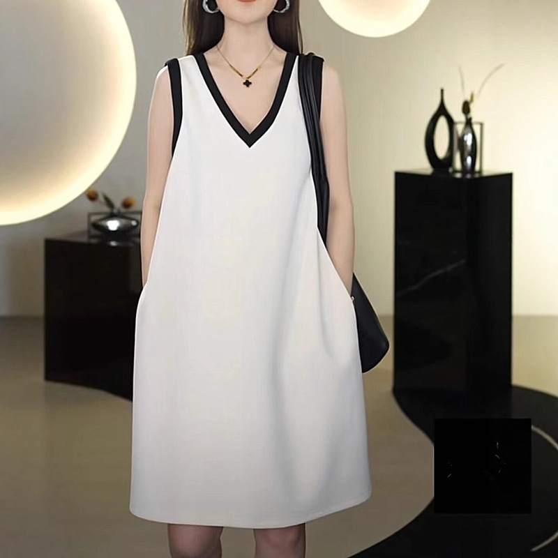 Cross-Border Summer Mid-Length V Neck Dress Korean Style Loose Large Size Simple Casual Style Niche Design