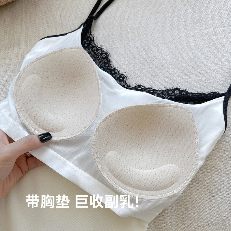 羊毛坑条磨绒吊带背心女复古撞色蕾丝带胸垫内搭打底保暖无袖上衣|undefined
