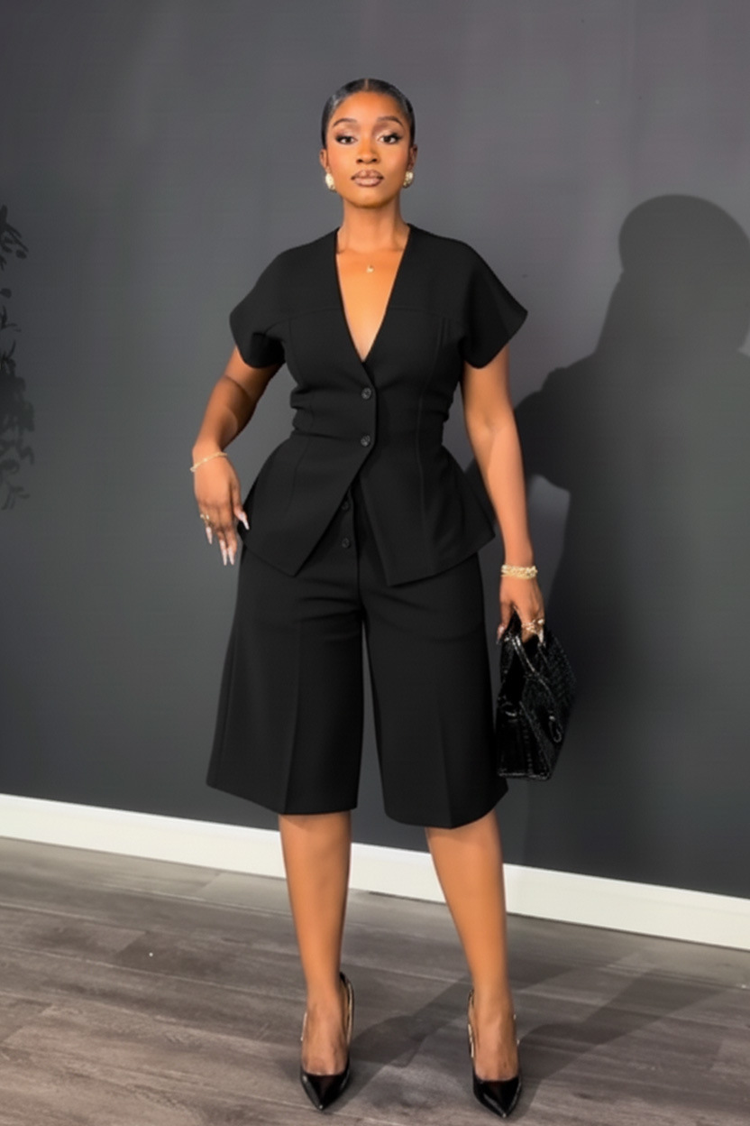 Elegant Office Two-Piece Set – Sleeveless Top & Tied Waist Shorts (Black/White/Green, S-2XL)​_ecoleips.com