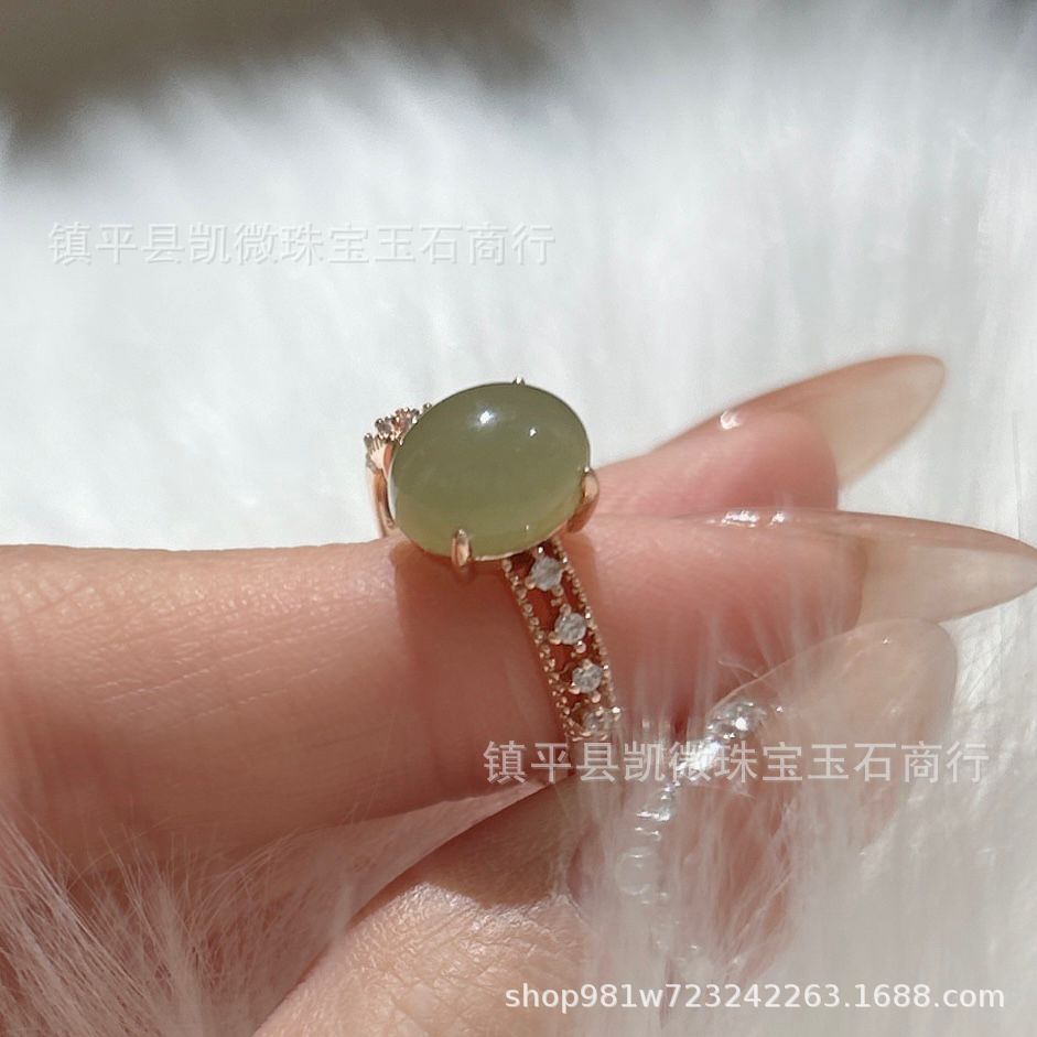 批发和田玉碧玉色活口戒指大小可调节菠菜绿蛋面女戒指环镀金戒圈