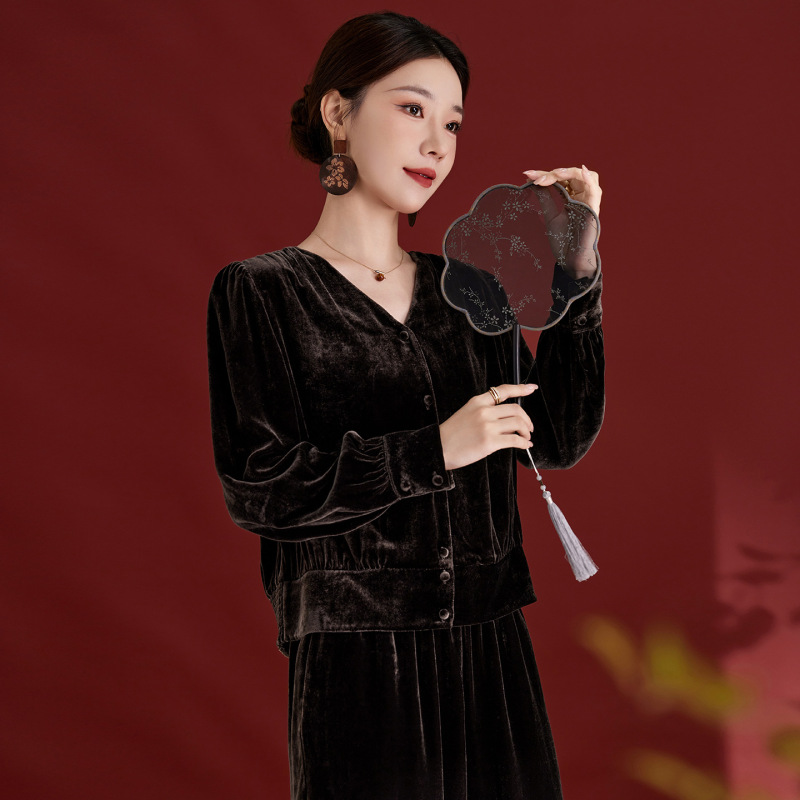 New Chinese Style Silk Velvet V-Neck Design 100% Mulberry Silk Blouse Women's Autumn Casual Style Top 1851