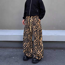 高街咖色虎纹休闲裤女辣妹秋冬季新款保暖宽松慵懒抽绳阔腿裤跨境