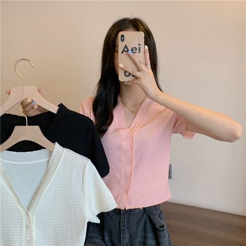 Designer-style niche women's summer Korean version temperament pleated V-neck slimming short-sleeved top women's gentle short-sleeved top
