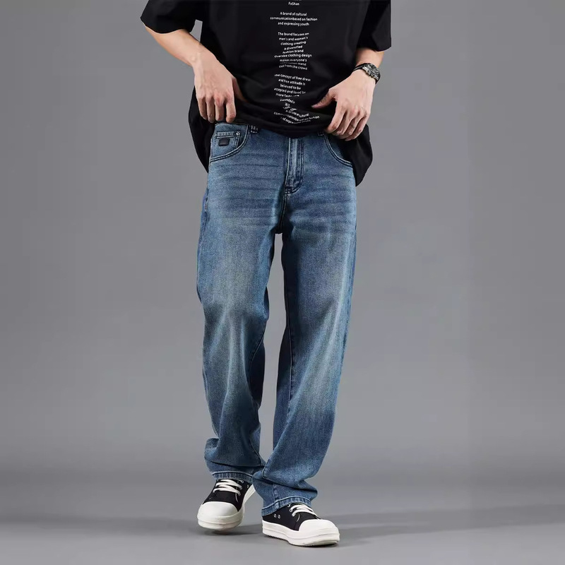 Spring and Summer new elastic straight jeans Turkish Blue simple all-match spring comfortable distressed loose men's pants
