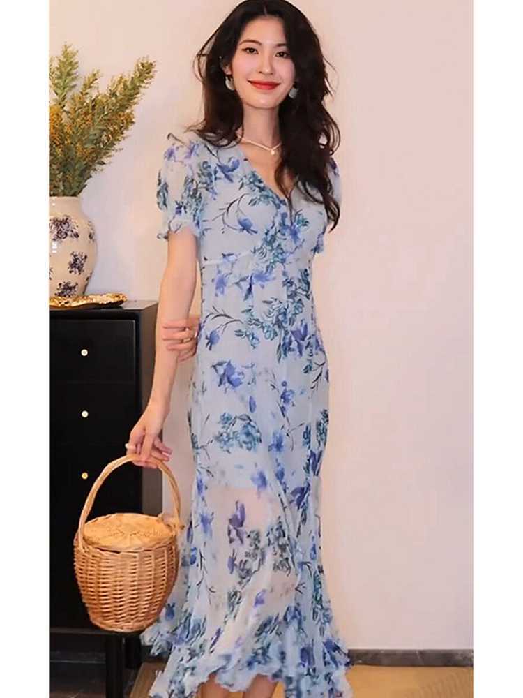 Đầm maxi nữ thắt eo cổ chữ V họa tiết hoa voan xanh kiểu Pháp mùa hè FL231784 — Váy liền màu xanh lam chi tiết 3