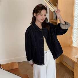 条纹袖翻领牛仔外套2026秋冬季新款日韩时尚开衫加厚上衣女71316