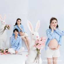 23年兔年影楼孕妇情侣主题简约蓝色衬衫孕妈咪夫妻主题拍照服装
