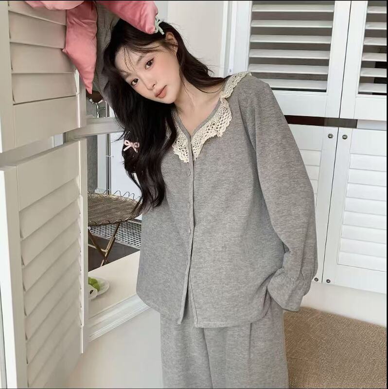 High-End Gray Plus Size 125kg Plus-Size Women's Pajamas Autumn and Winter Sheep Wool 100kg Lace V-Neck Loungewear Set High-End Gray Plus Size 125kg Plus-Size Women's Pajamas Autumn and Winter Sheep Wool 100kg Lace V-Neck Loungewear Set