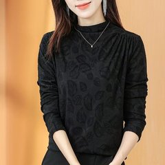 一件代发直播爆款2025秋季新款半高领抽褶洋气暗纹印花内搭打底衫