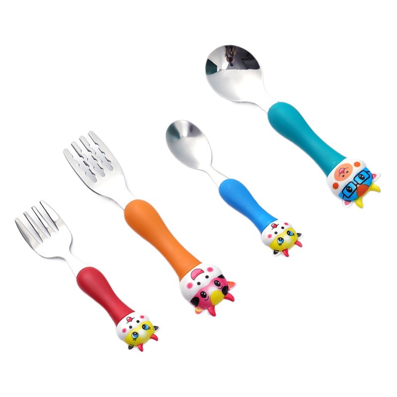 304 Stainless Steel Children's Tableware Cute Piglet Creative Cartoon Anti-scalding Spoon Household Spoon Fork Four-piece Set Boxed