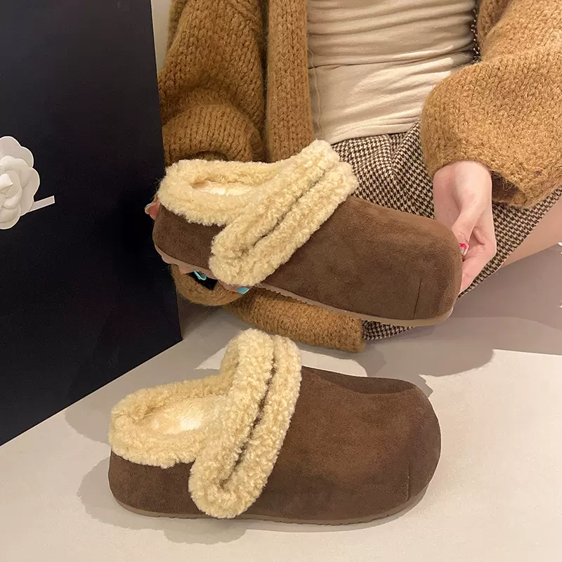 复古厚底毛毛拖鞋女外穿2025冬季加绒包头半拖保暖防滑内增高棉拖