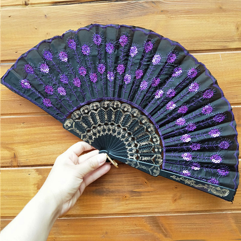 Mayorista barra negra de color sequinilla estampado ventilador plegable accesorios de baile ventilador de baile Wing Chun puede agregar impresión de tela de silk