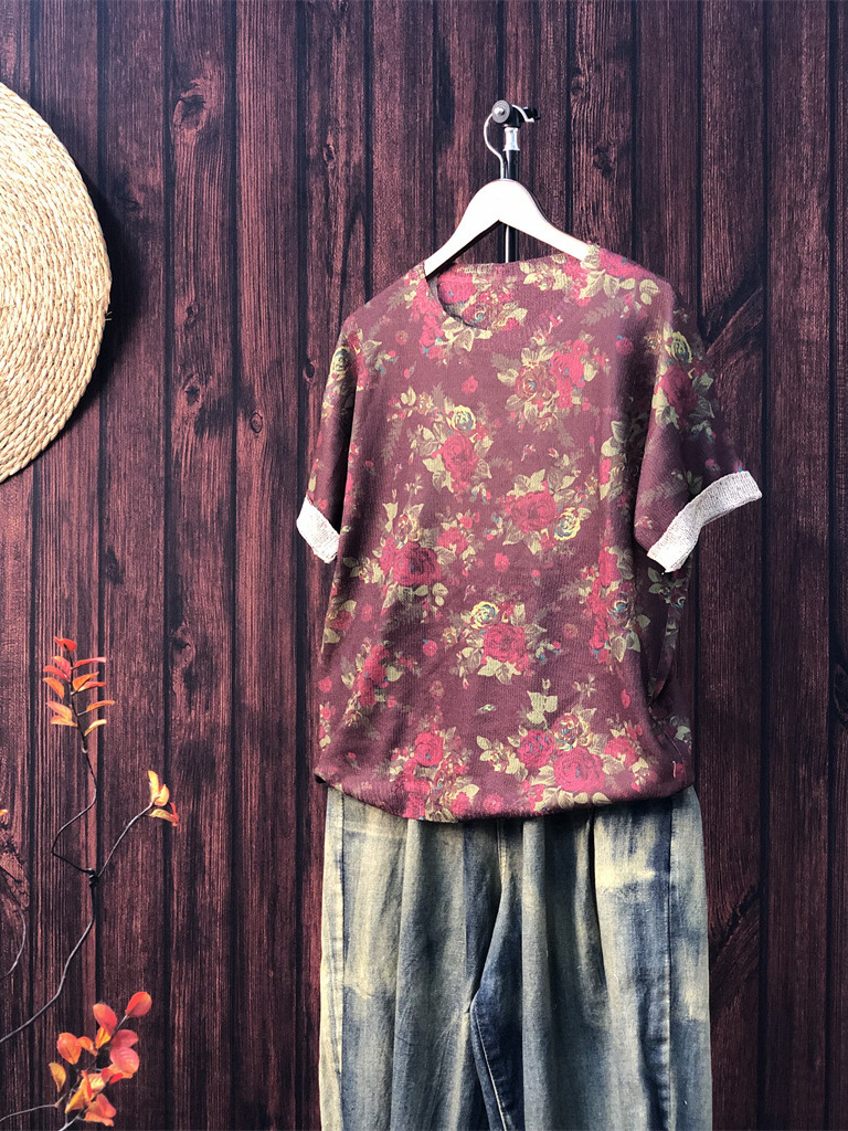 2025 Summer New Original Printed Knitwear Casual plus size Loose Flower Pattern Hemp Thin Women's Short Sleeve