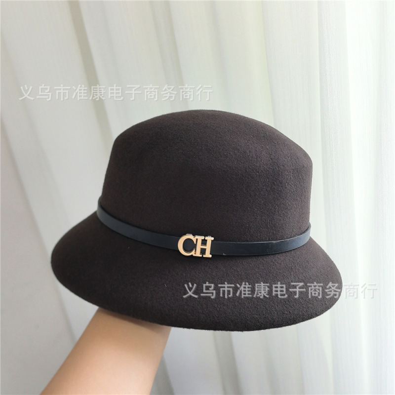 皮带扣羊毛帽子女秋冬简约日系小帽檐礼帽渔夫帽显脸小圆顶盆帽|undefined