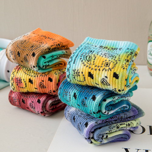 Women's Couple Colorful Cotton Socks, Autumn and Winter Tiedye Medium Socks, Walnuts and Dopamine Colorful Design, Zhuji Socks for Men