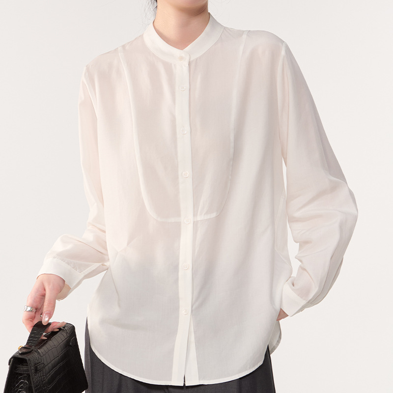 2026 Early Spring Simple Lyocell Shirt Cardigan Long-Sleeved Loose Solid Color Stand-Up Collar Tencel Shirt for Women Casual and Versatile