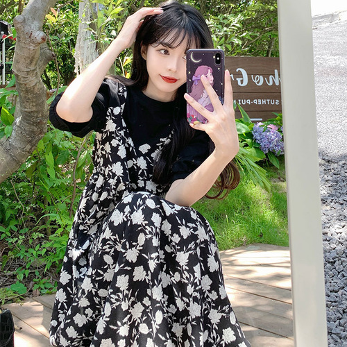 Gentle Wind False Two-Piece Strap Dress, Loose Hiding Fat, Floral Long Dress for Children and Girls in Summer