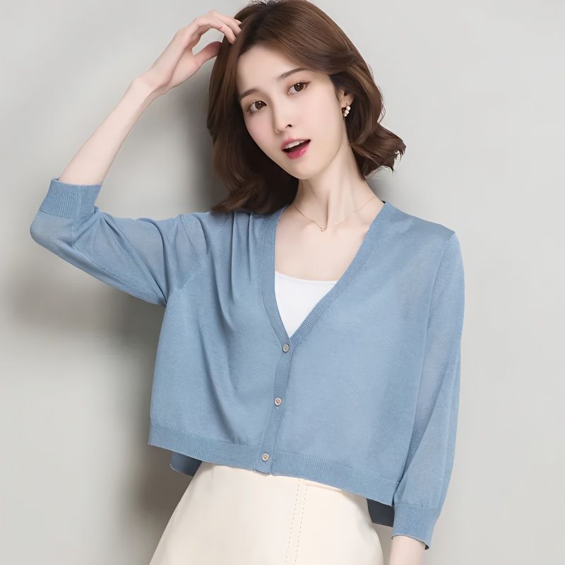[Cashmere Family] Ice Silk Knitted Cardigan for Women, Thin V-Neck Loose Sun Protection Air Conditioning Shirt, Mulberry Silk Top for Summer