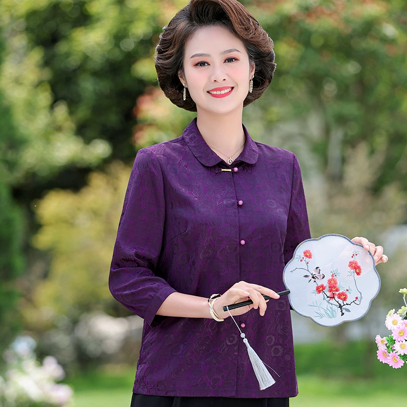 Мама летняя рубашка новый китайский стиль благородный средний и пожилой весной и летом тонкий семиочечные рукава бабушки с отворотом новый топ