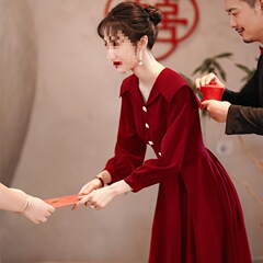 中长款女宴会订婚礼服连衣裙回门新娘长袖敬酒服结婚秋季红色裙子