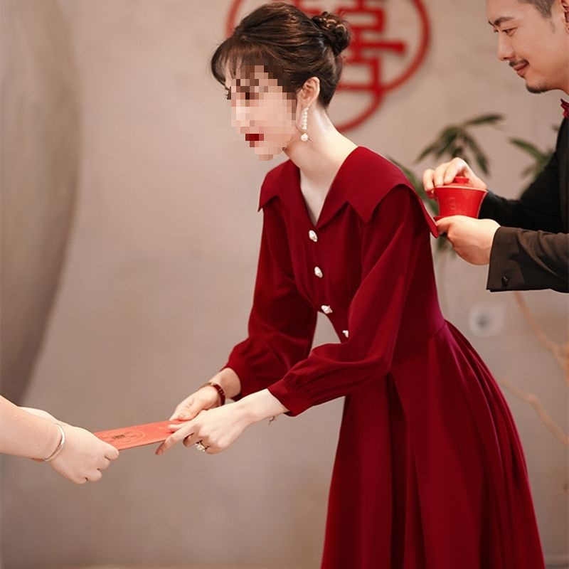 中长款女宴会订婚礼服连衣裙回门新娘长袖敬酒服结婚秋季红色裙子|undefined