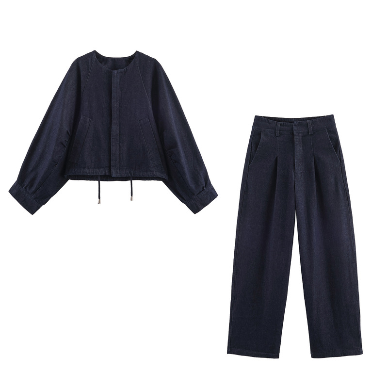 Cross-Border European and American Fashion Aliexpress Popular Early Autumn Fashion Denim Fluffy Bomber Jacket + Pants Suit