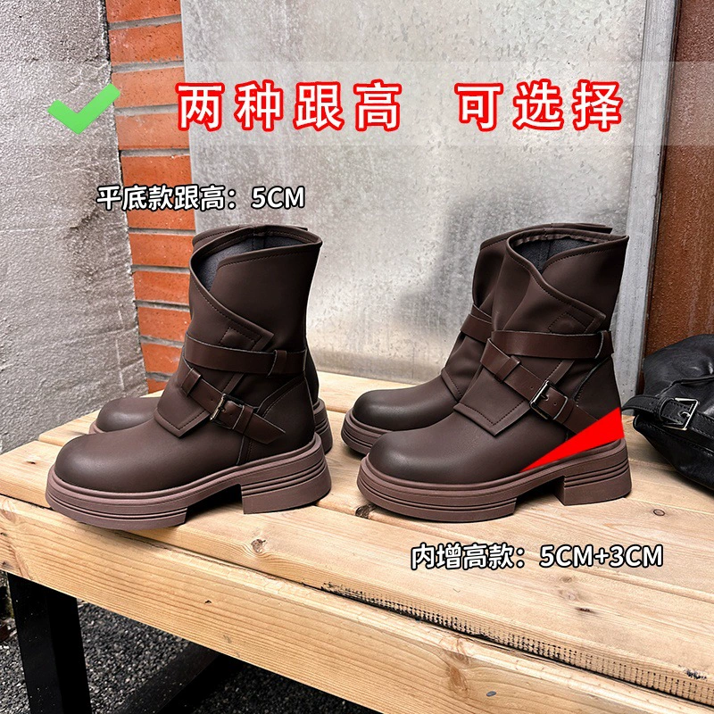 Ботинки на толстой подошве из натуральной кожи с боковой молнией, осень-зима 2024, новые ковбойские сапоги в стиле ретро на толстом каблуке, коричневые женские короткие сапоги