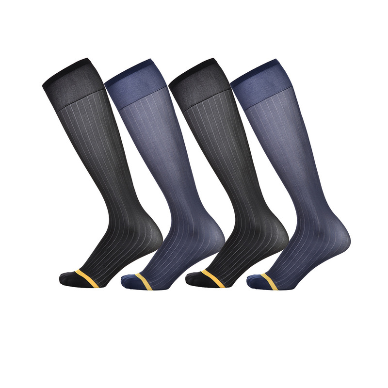 Men's Business Formal Wear Silk Socks, Solid Color, Gold Toe, Nylon, Silky, Versatile, Wide Striped Socks