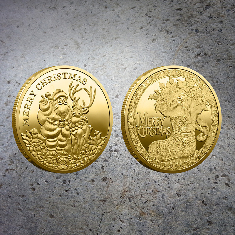 Export Christmas Medal European American Santa Claus Sleigh Lucky Deer Colored Souvenir Coin Decision Game Coin