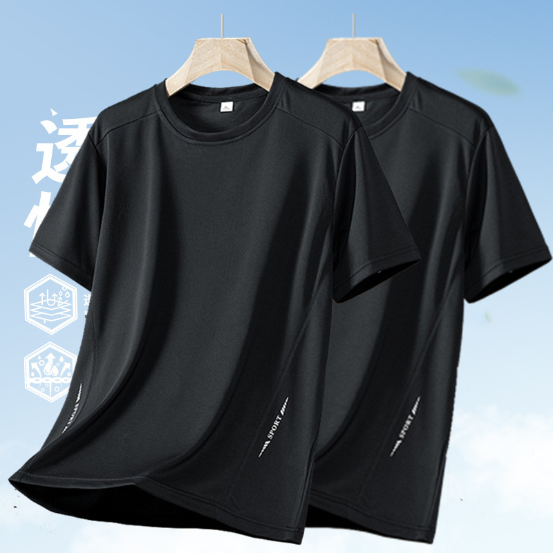 Hielo camiseta delgada de hombre de manga corta de cuello redondo de verano grande relajado deportivo casual secado rápido chaqueta transpirable media manga